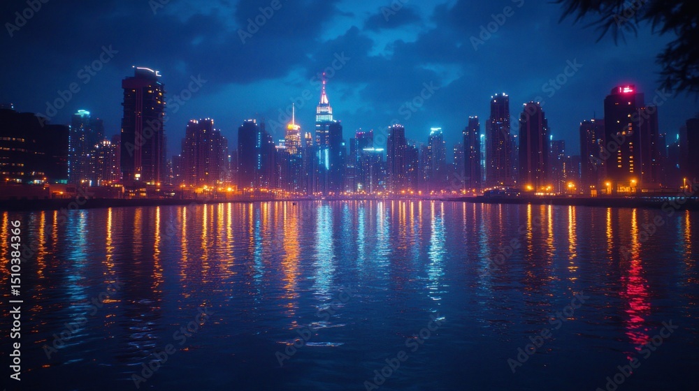 Fototapeta premium City skyline at night reflected on water