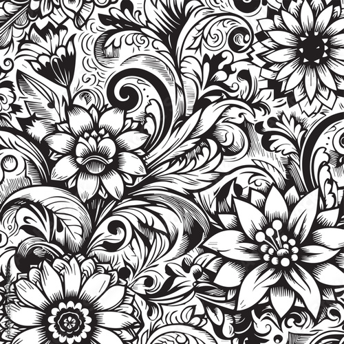 Wallpaper Mural Seamless Floral Pattern Vector in Classic Black & White Torontodigital.ca