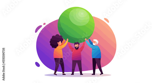 Three People Lifting a Large Green Sphere Together