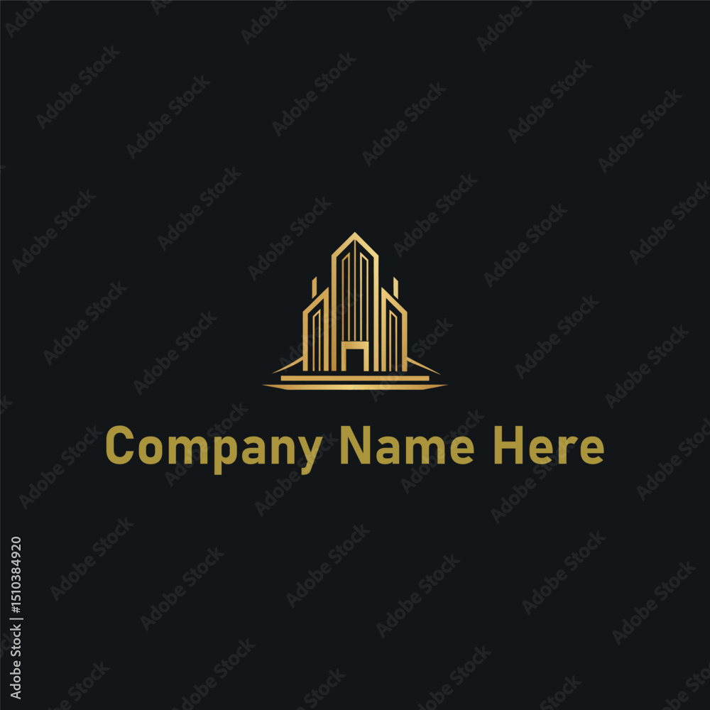 Fototapeta premium Gold real estate logo with a highrise and house outline