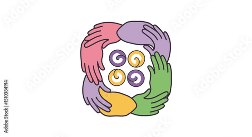 Colorful Hands Joining Around Swirls