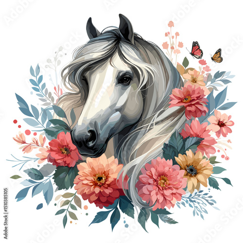 White Horse. Flowers. Horse head.  Portrait. Watercolor style. Isolated on a white background. Banner. Vector illustration, AI