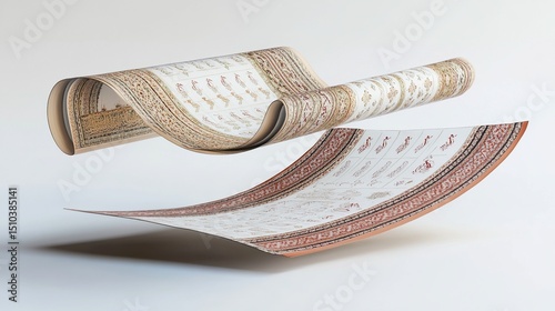 Two intricately patterned carpets, in cream, beige, and terracotta tones, are displayed in a 3D render, floating in mid-air.  One is rolled, the other lying flat, showcasing detailed designs