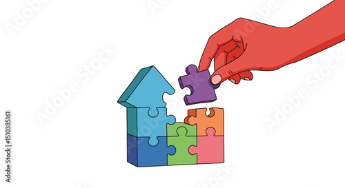 Hand Placing Puzzle Piece on House Made of Puzzle Pieces