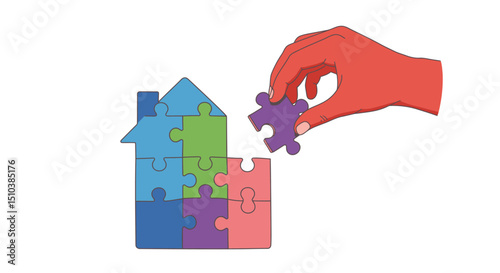 Hand placing puzzle piece into houseshaped puzzle construction