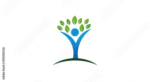 Stylized Person with Leaves Above Standing on a Hill