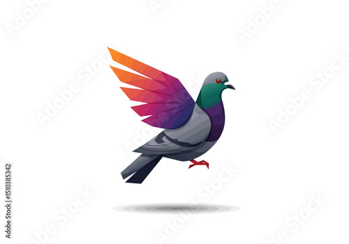 Stylized Pigeon with Colorful Wing Gradient Illustration on Transparent Background