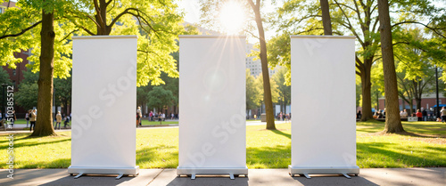 Pop-up banners displayed in sunny park during outdoor event, promotion