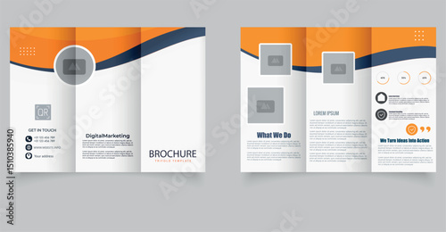 Orange trifold brochure with waves. Fully editable layout with placeholders and icons.
