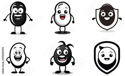 Cute Black and White Bean Character Illustrations