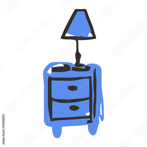 Blue Drawer Table with Lamp Minimalist Design, Modern Interior Vector