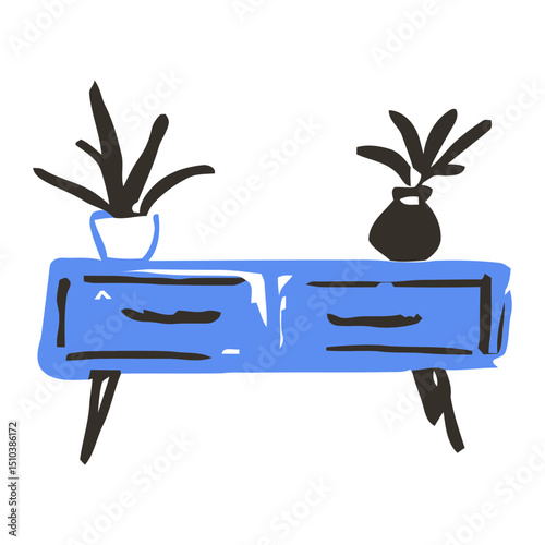 Blue Drawer with Plants Minimalist Design, Modern Furniture Vector