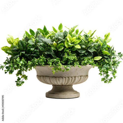 Garden urn planter with with lush greenery isolated on a transparent background