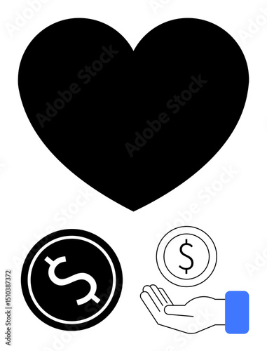 Black heart shape, coin with dollar sign, and open hand symbolize love, giving, and monetary help. Ideal for charity, donation, kindness, financial aid community support nonprofits simple landing