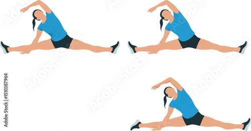 Three illustrations of a woman in blue shirt and black shorts performing side stretches and seated wide-leg stretches fitness exercises for flexibility and workout routine