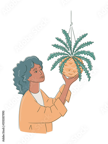 Stylized drawing of an Afro-American woman misting a kokedama moss ball with fern. Sustainable indoor gardening trends. Isolated illustration