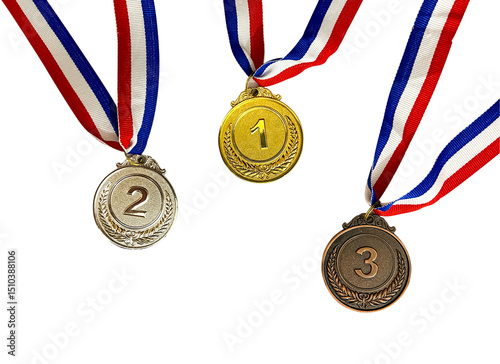 Gold, Silver and Bronze medal concept scattered with no background, transparent png medals. Winning