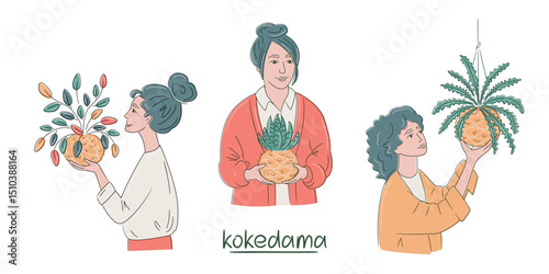 Stylized drawing of multiracial women misting a kokedama moss balls with fern, aloe succulent and tradescancia. Sustainable indoor gardening trends. Isolated illustration