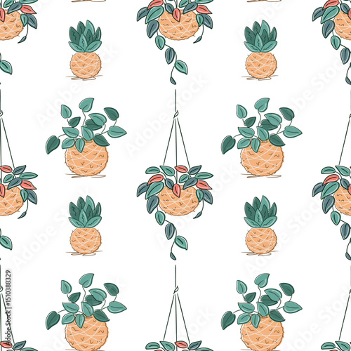 Seamless pattern with minimalist botanical illustration of DIY kokedama. Perfect for nature, decor, and eco-home visuals