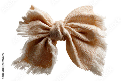 Soft beige bow with frayed edges on a transparent background