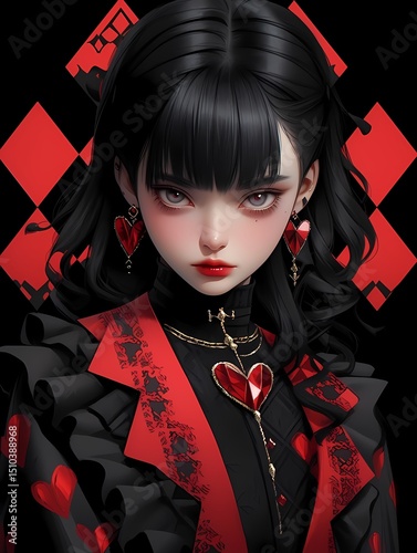 Anime Illustration Young Girl Grey Eyes Heart Earrings Heart Pattern Jacket