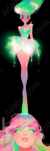 Fantasy anime style character with pink eyes and colorful hair.