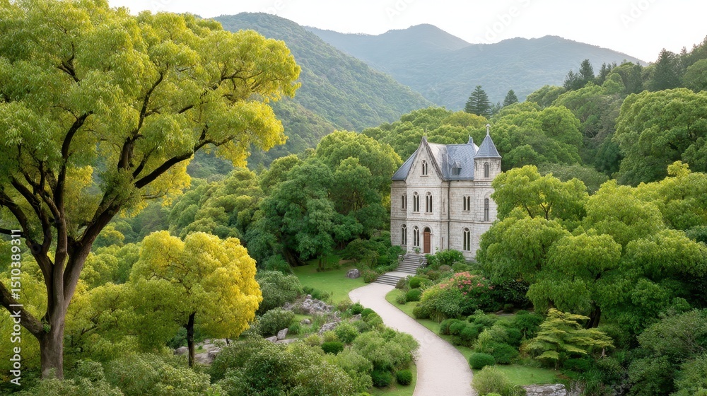 Obraz premium An elegant estate sits led among vibrant green foliage and rolling hills.