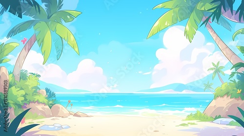 Serene tropical beach scene, sandy shore, clear blue ocean, palm trees, bright sky, clouds.