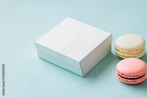 Blank white box with pink and white macarons