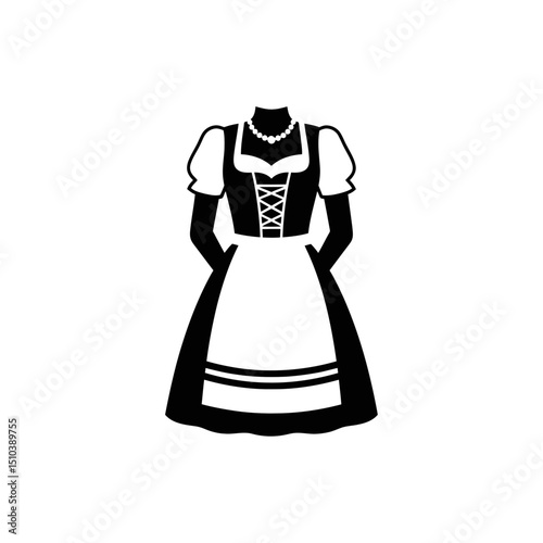 Traditional Bavarian Dirndl Dress Icon in Black and White  