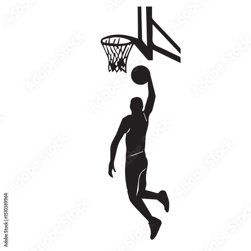A dynamic silhouette of a man doing a lay up appears in black outline, set clearly against a white background for strong visual impact.
