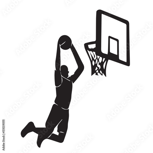 A black and white vector features the silhouette of a man dunking a basketball, outlined in black against a clean white background.

