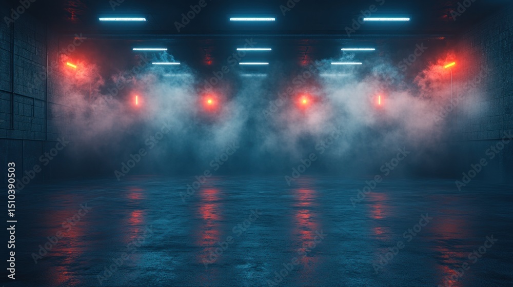 Obraz premium Smoky underground garage with neon lights reflecting on wet floor
