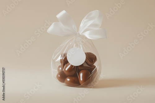 Chocolate eggs in cellophane bag with white ribbon