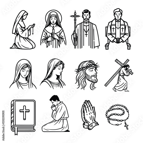 Line art vector set of Catholic symbol