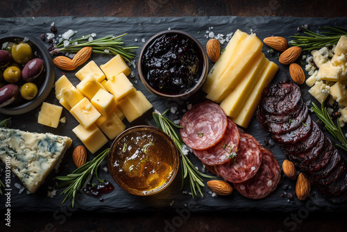 elegant flat lay of keto charcuterie board with cheese cubes, olives, almonds, salami, fig jam, dark slate background 