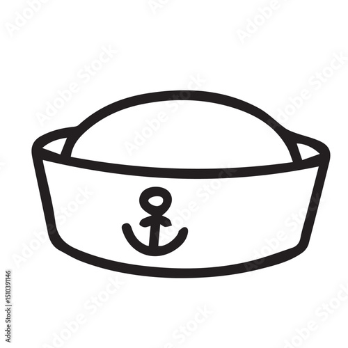 A black and white vector illustration of a sailorman’s hat outlined in black, creating a simple yet iconic nautical themed graphic design.