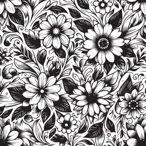 Wallpaper Mural Seamless Floral Pattern Vector in Classic Black & White Torontodigital.ca