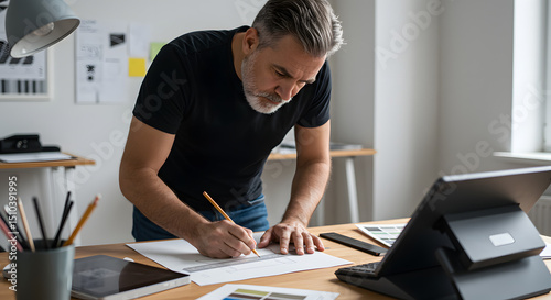 Middle-aged Man Working at Desk in Modern Office with Natural Light