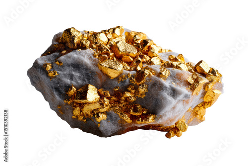 Natural gold ore rock with quartz and golden mineral deposits