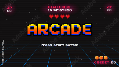 ARCADE PRESS START BUTTON.pixel art .8 bit game.retro game. for game assets in vector illustrations.Retro Futurism Sci-Fi Background. glowing neon grid.and stars from vintage arcade comp
