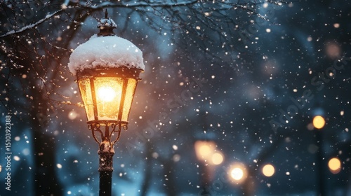 A snow-covered lamppost glows warmly on a winter night.