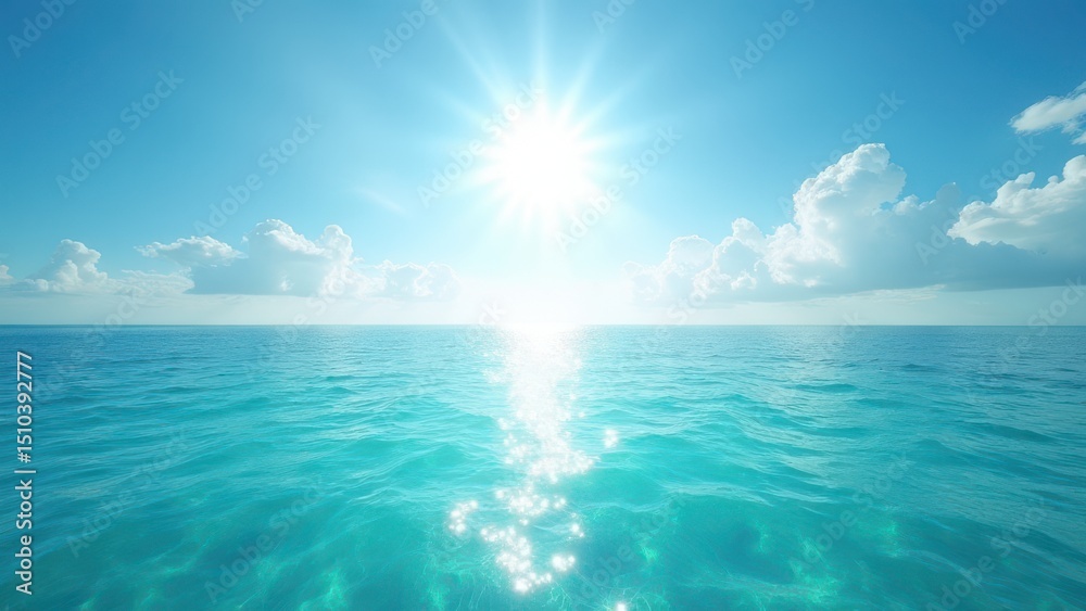 Naklejka premium Sunlit turquoise ocean reflecting sunlight with puffy clouds in bright blue sky