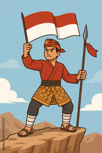 Indonesian Man in Traditional Clothes Waving Flag. Flat Vector Illustration
