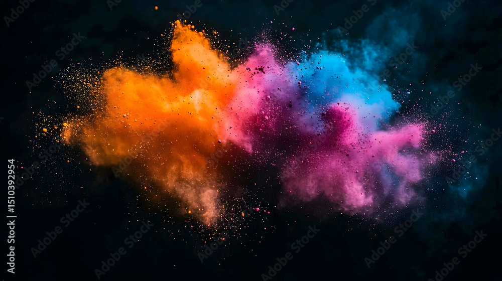 Naklejka premium Vibrant multicolored powder explosion against a dark background. Colorful bursts of orange, blue, and pink pigments suspended in the air, creating a dynamic and abstract design