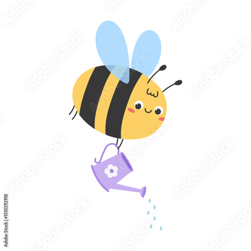 Kawaii cartoon bee flying with a purple watering can, sprinkling water drops. Flat vector illustration