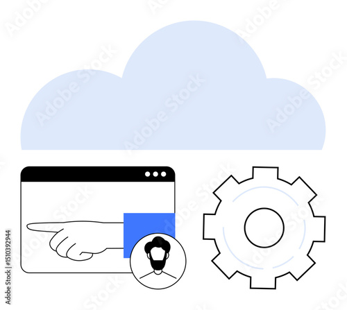 Cloud above browser window with pointing hand, user profile, gear icon. Ideal for technology, workflow, software, automation, cloud computing user interface. Perfect for a simple landing page