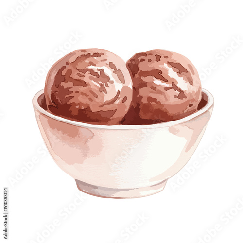 Bowl of Chocolate Ice-cream Isolated on Transparent Background – Watercolour Illustration