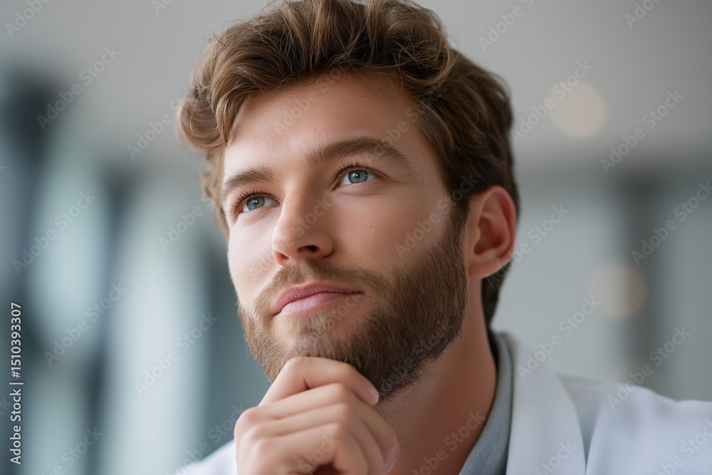 Obraz premium A man with a beard and glasses is looking at the camera. He is wearing a white lab coat and he is deep in thought