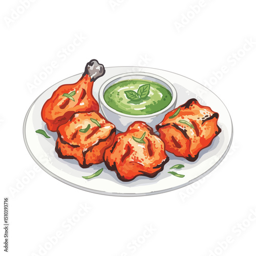 Watercolour Illustration of Plate of Tandoori Chicken Kebab on Transparent PNG Background